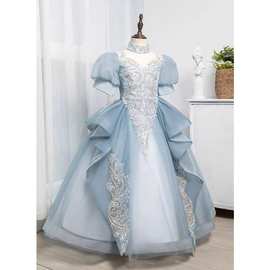 蓝色女童礼服公主裙高端钢琴演奏花童婚礼儿童主持人舞台秀演出服
