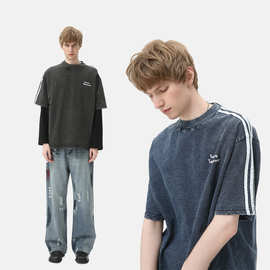 EF男装|美式oversize痞帅条纹拼接字母刺绣潮流做旧复古圆领T恤