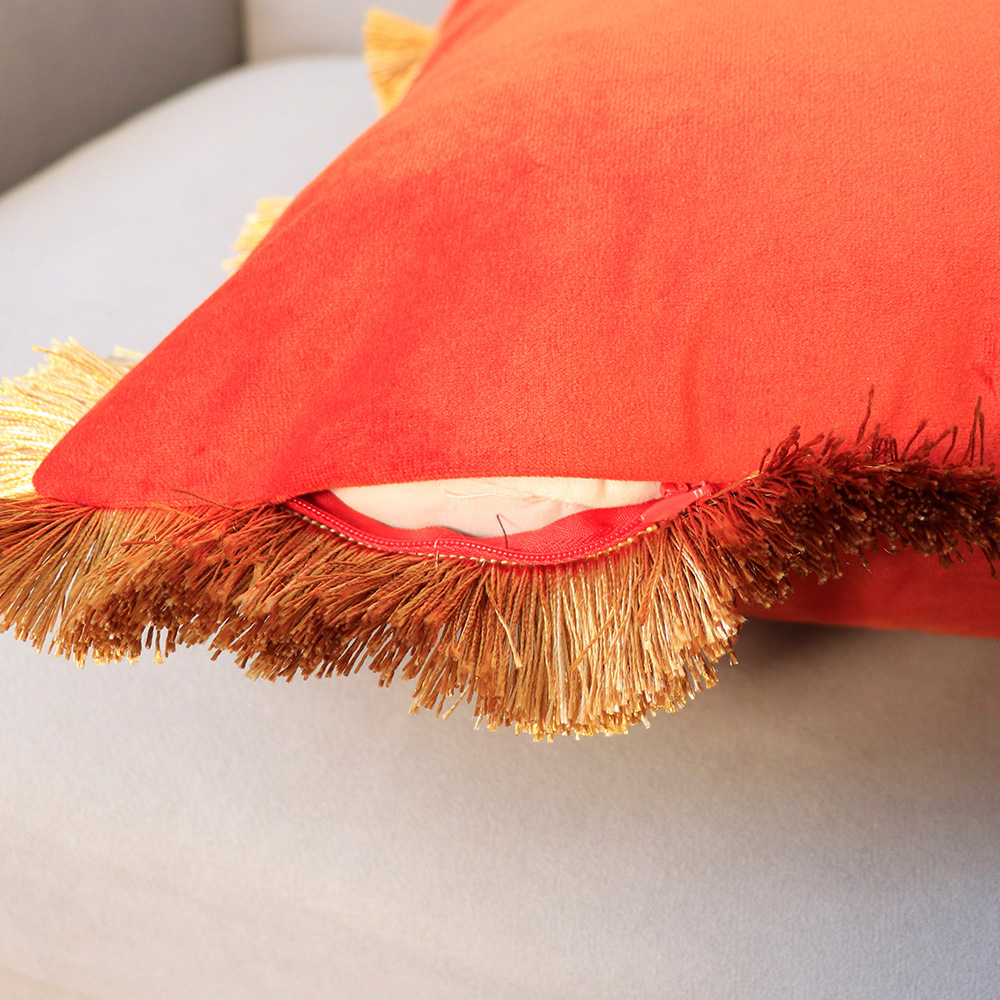 Copricuscino per divano in velluto olandese con bordo in nappa dorata semplice nordico, modello di decorazione per la casa_voghion.com