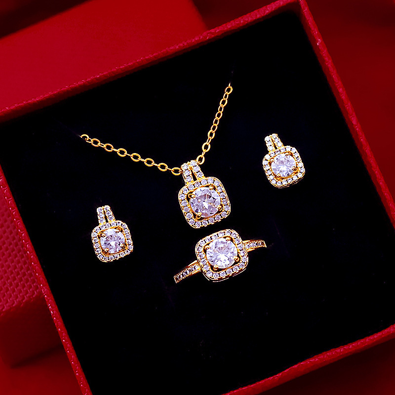 Foreign trade cross-border three-piece set inlaid zircon suit stud earrings ring necklace women's set pendant online live broadcast clavicle chain