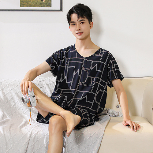 Men's Cotton Satin Summer Thin Pajama Set, Artificial Cotton Simple Short Sleeve Loose Plus Size Shorts, Satin Home Suit