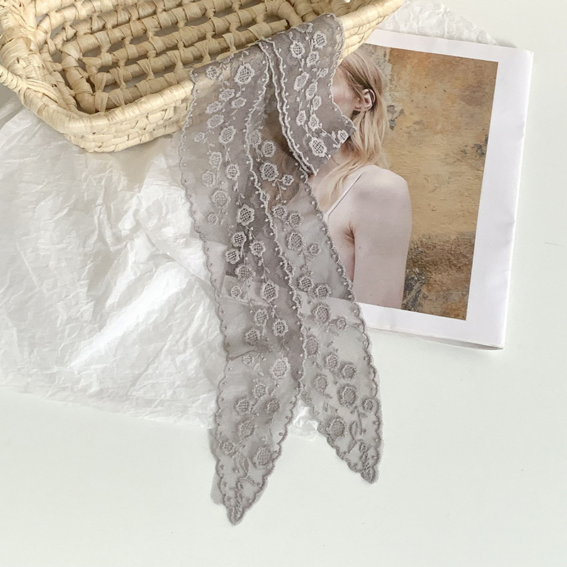 Pañuelo de seda estilo coreano de alta calidad flor blanca bordado encaje bufanda de seda cinturón decorativo mujer primavera y verano bufanda salvaje cinturón para el cabello