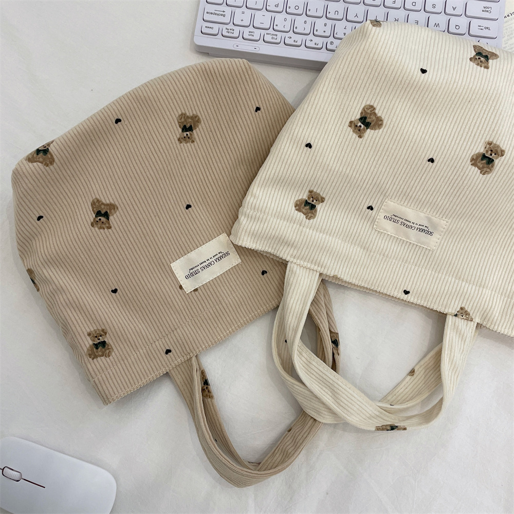 Casual, Daily, Shopping Occasion Women's Corduroy Little Bear Cute Square Open Tote Bag