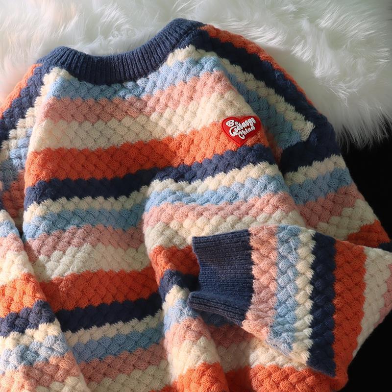 Japanese Color Striped Sweater Men's and Women's Early Winter National Fashion ins Niche Design Sense Casual Round Neck Couple's Sweater Japanese Color Striped Sweater Men's and Women's Early Winter National Fashion ins Niche Design Sense Casual Round Neck Couple's Sweater