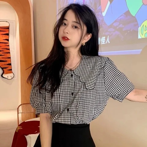 French Design Plaid Doll Collar Shirt for Women Summer 2025 New Versatile Loose Sweet Puff Sleeve Top French Design Plaid Doll Collar Shirt for Women Summer 2025 New Versatile Loose Sweet Puff Sleeve Top
