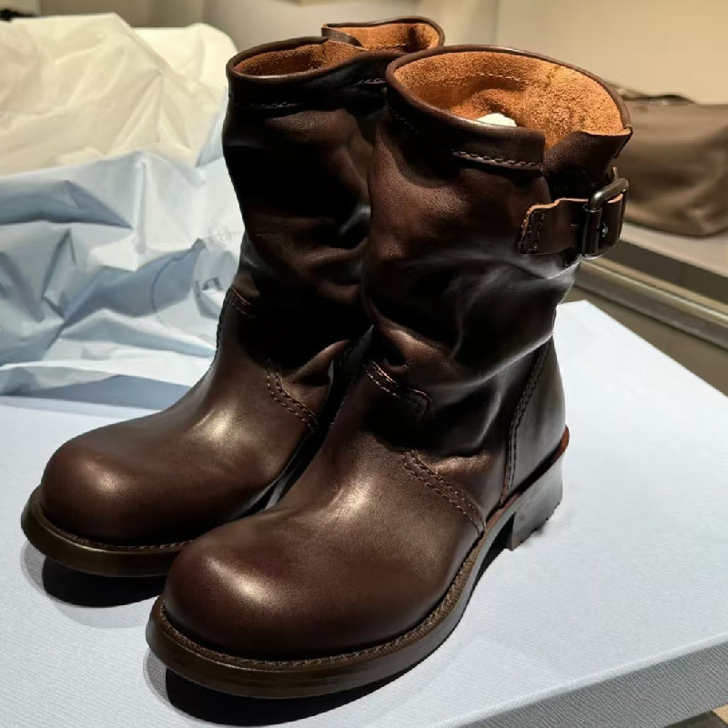 2025 Autumn New Retro Handmade Pleated Mid-Calf Martin Boots for Women with Thick Soles, Chunky Heels, Slouch Boots, and Belt Buckle Ankle Boots