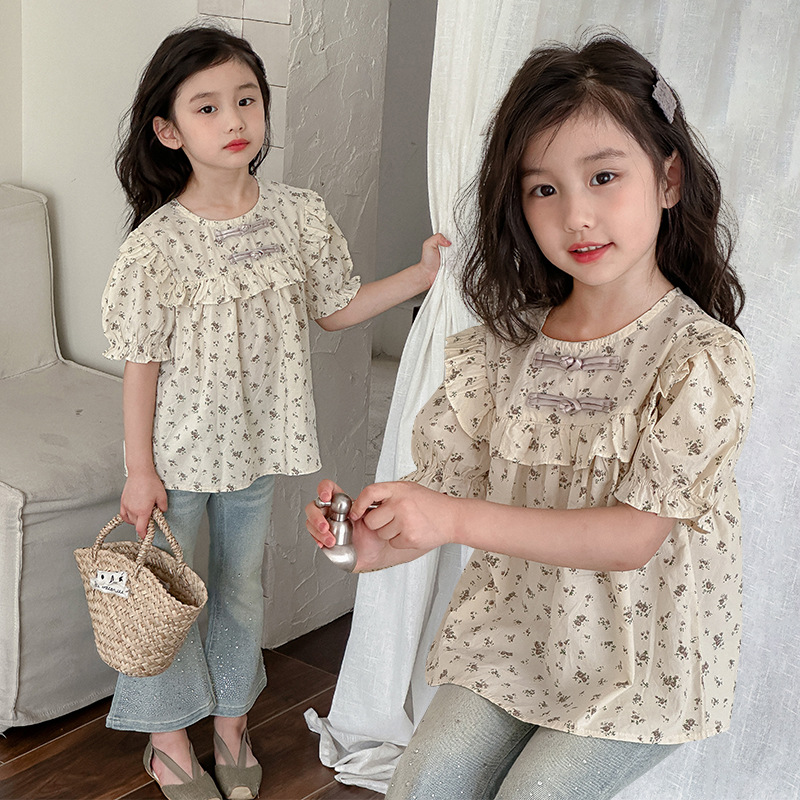 Children's Girls' Summer New Chinese Retro Short-Sleeved Cotton Floral Print Shirt, Republic of China Style, Chinese Fold Button Hanfu Pure Cotton Top