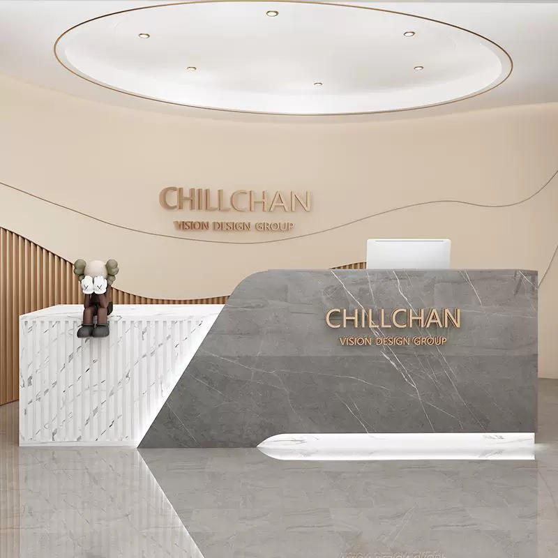 现代简约办公桌吧台收银台前台美容院高档文件柜子轻奢弧形接待台