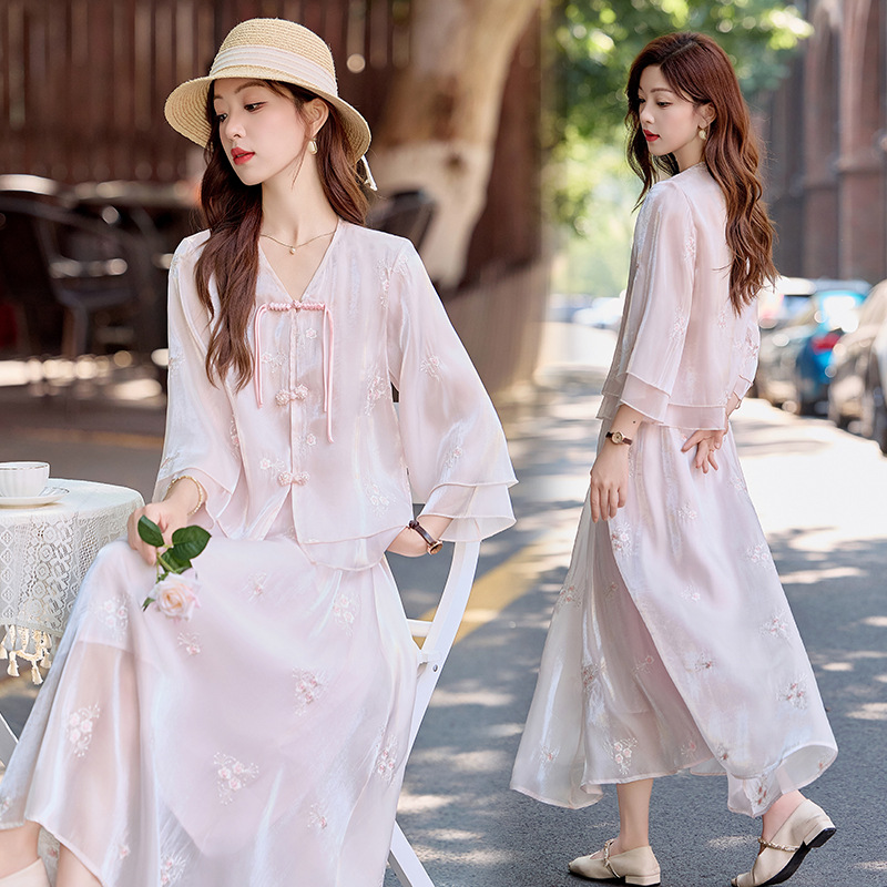 Bộ đầm maxi nữ thắt eo phong cách Trung Hoa mới tay ngắn cổ đứng — Màu như hình