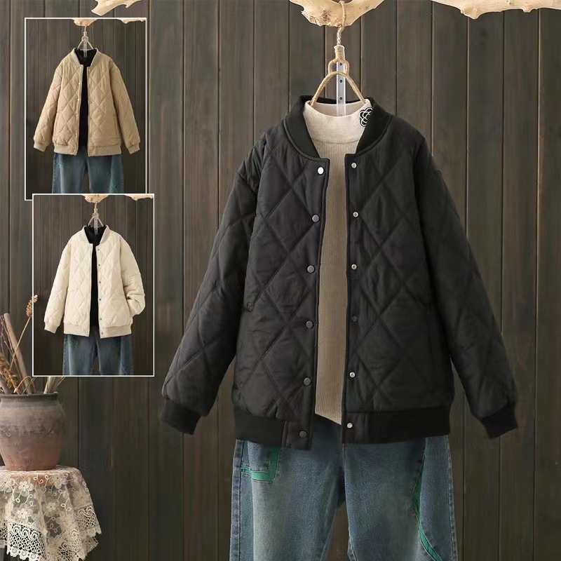 官图冬季大码菱形格立领棒球服棉衣外套宽松加厚夹棉夹克