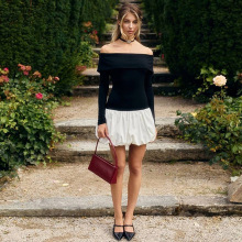 2025夏季女装气质时尚一字领长袖露肩拼接短款蓬欧美风包臀连衣裙