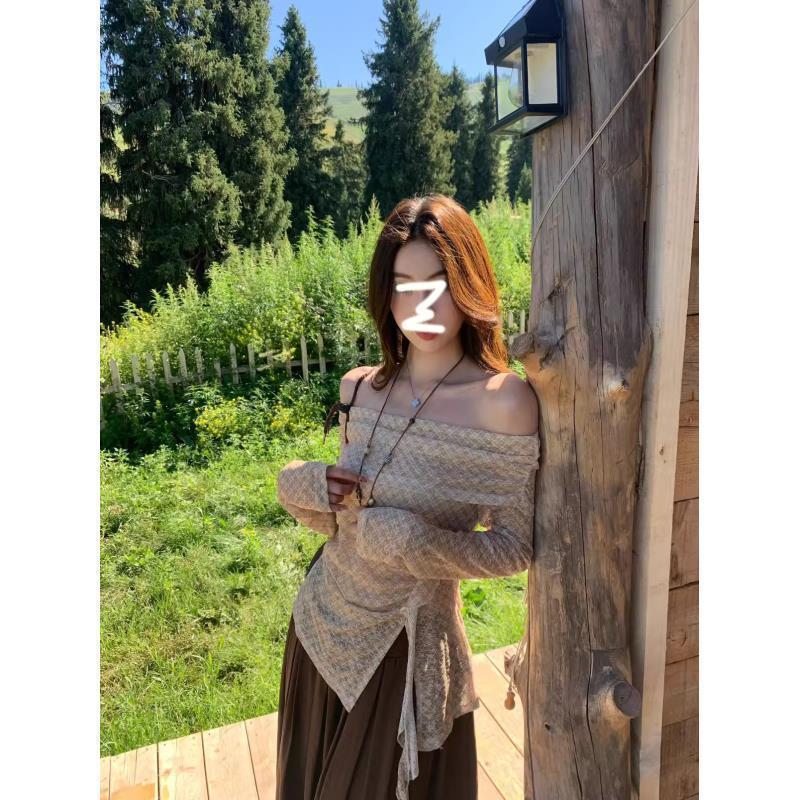 温柔风甜美气质套装一字肩开叉格纹长袖蕾丝衫女早秋休闲裤两件套|undefined