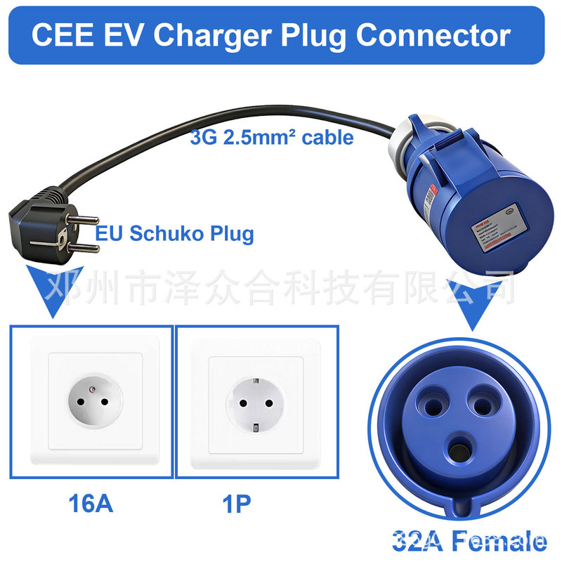 EU Schuko to 32A CEE plug charging male-female adapter with cable, European standard conversion