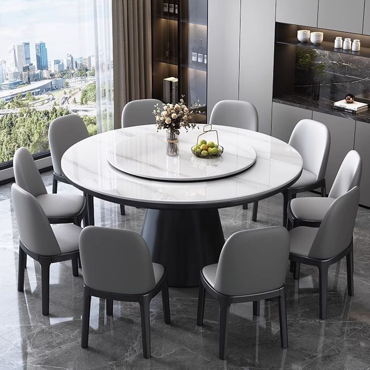 Mesa y silla de comedor de tabla de roca, mesa redonda combinada, mesa giratoria de lujo moderna y simple, mesa de comedor de horno electromagnético de madera maciza
