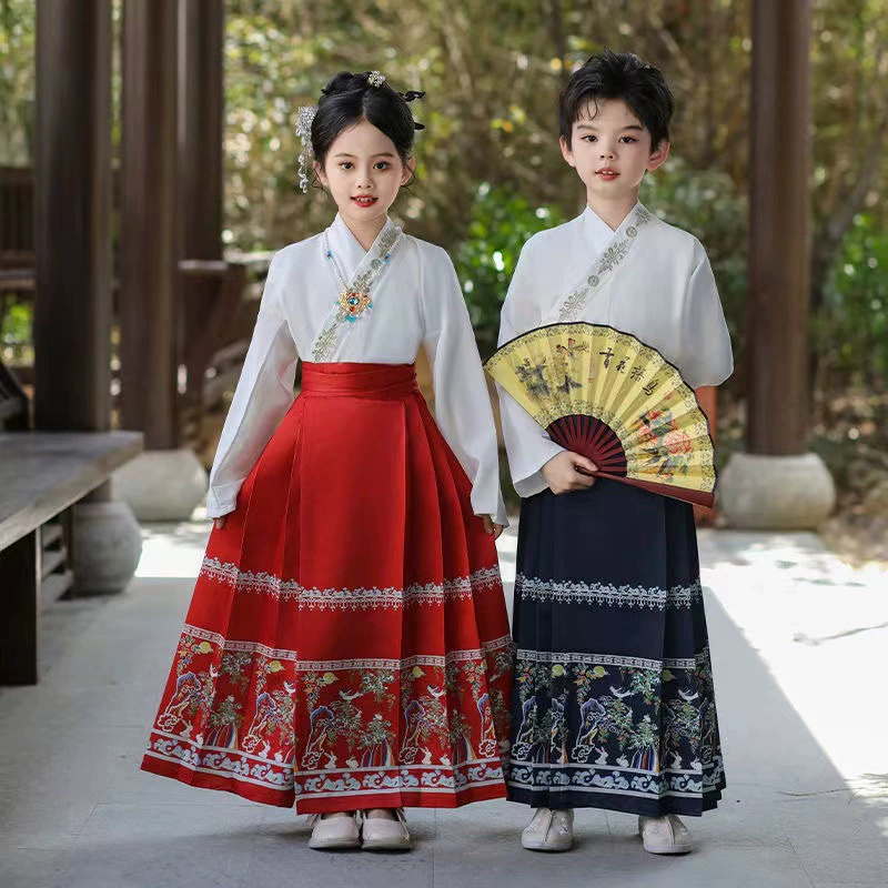 Новая детская юбка с конским лицом для девочек мальчик китайский костюм костюм древний стиль весна и осень с длинными рукавами повседневная одежда Тан