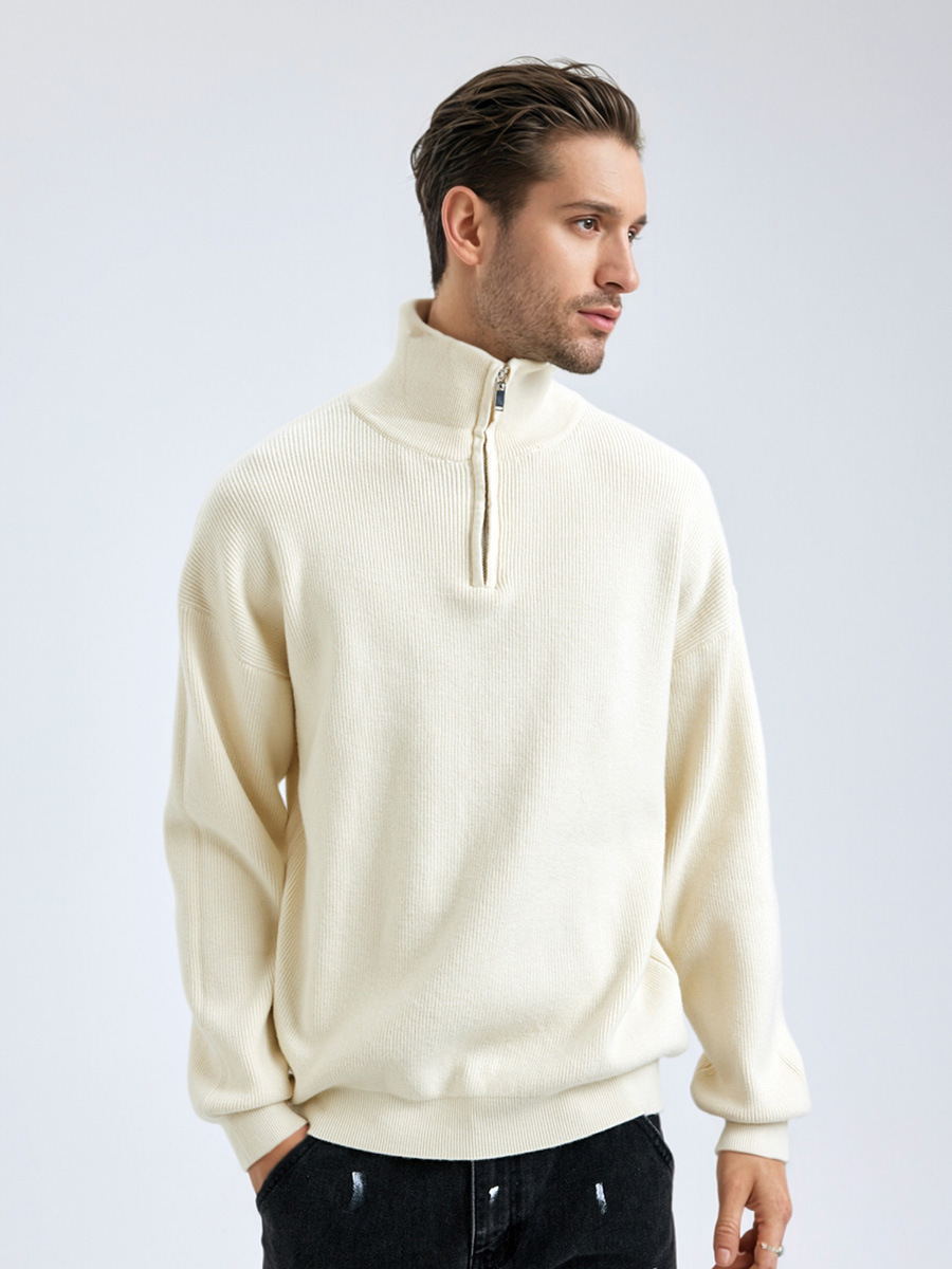 Suéter de hombre transfronterizo otoño y invierno nuevo estilo americano perezoso viento medio cremallera suelta plummet de color sólido suéter de hombre