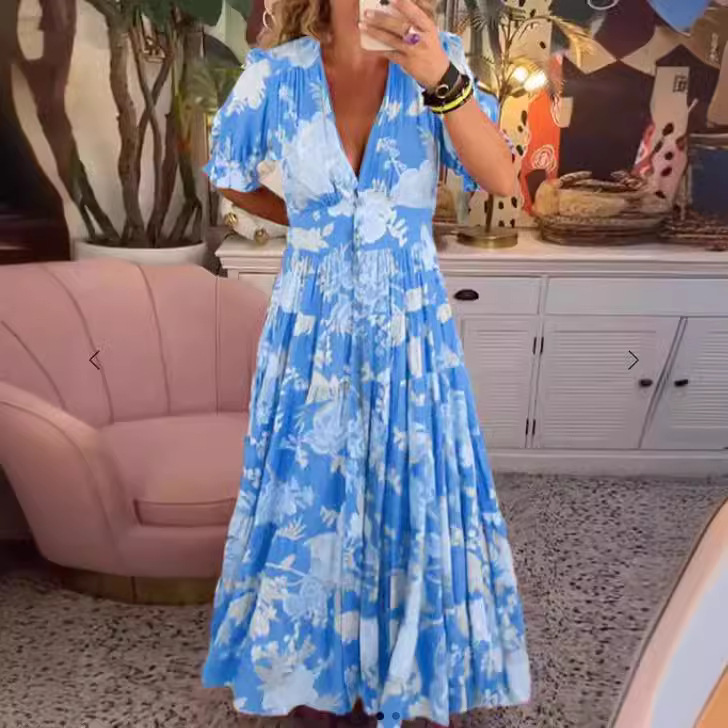 2023 Amazon Independent Station Aliexpress Printed Long Wide Dress Slimming Short Sleeve Fashion Temperament Commuting