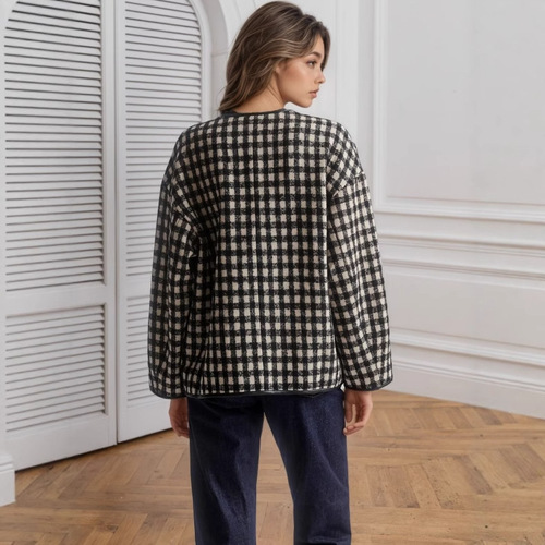 2025 New Autumn Winter European and American Amazon Metal Buckle Decorated Round Neck Collar Piping Peacock Pattern Fashion Short Pants Coat 