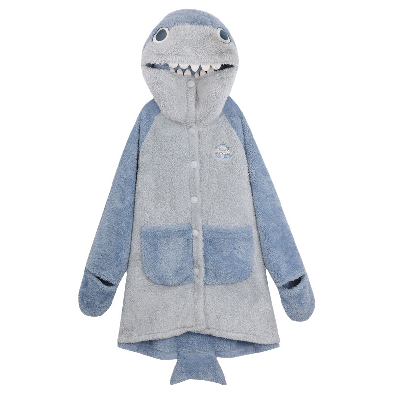 Lindo divertido tiburón pijamas de las mujeres de invierno coral fleece prendas de vestir exteriores de lana larga homewear camisón de dibujos animados