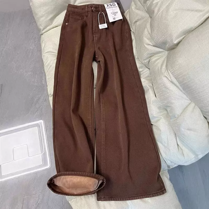咖色加绒牛仔裤女冬季新款加绒宽松高腰显瘦小个子拖地直筒裤子