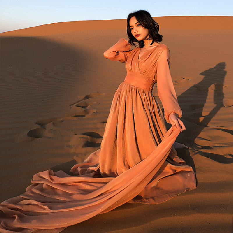 Travel Outfits Women's Travel Clothing Moroccan Vacation Ethnic Style Orange Retro Slimming Desert Long Dress F556