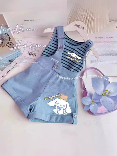 Summer new style girls two-piece suit striped vest shoulder strap shorts cartoon print fashion Kuromi