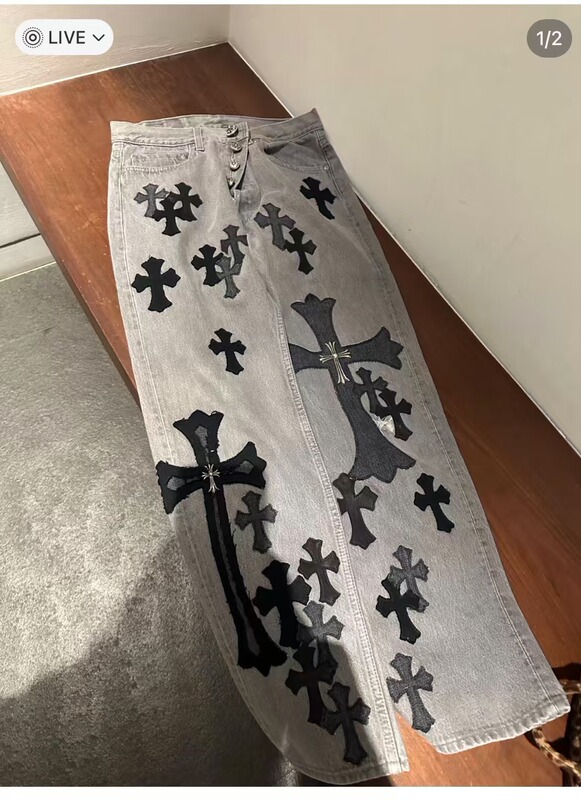 现货CH潮牌裤子限定火焰十字架刺绣直筒做旧水洗明星同款牛仔裤|undefined