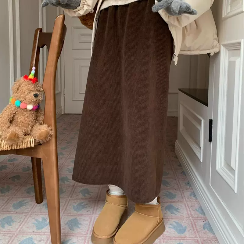 灯芯绒半裙冬季加绒宝宝绒直筒半身裙开叉半身长裙女a字包臀裙