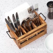 乡村风棕色木质餐具盒跨境餐巾架厨房用具实木餐具收纳整理盒