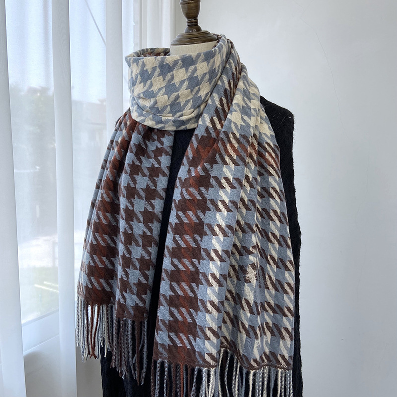 Qianniao grid color matching for women in autumn winter 2022, new imitation cashmere tassel shawl, Korean version, warm_voghion.com