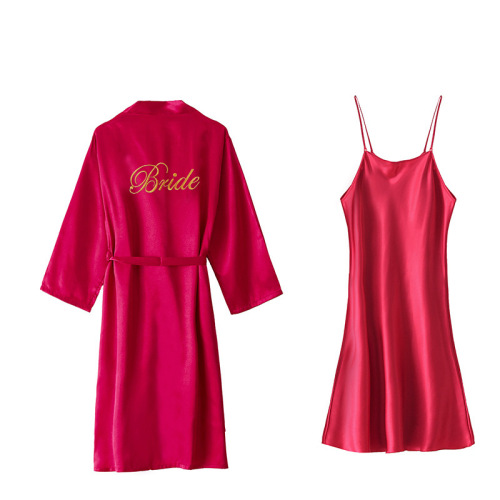 Women's long nightgown spring and summer imitation silk embroidered dressing gown bride bridesmaids dressing gown wedding nightgown