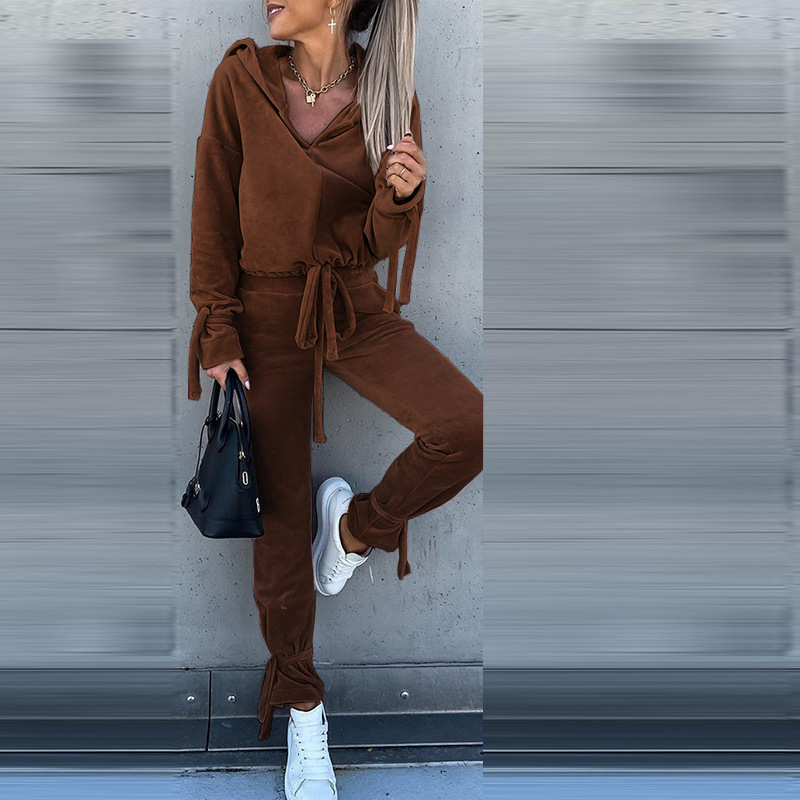 long-sleeved hooded high waist solid color gold velvet sweatshirt and trousers suit NSONF139718