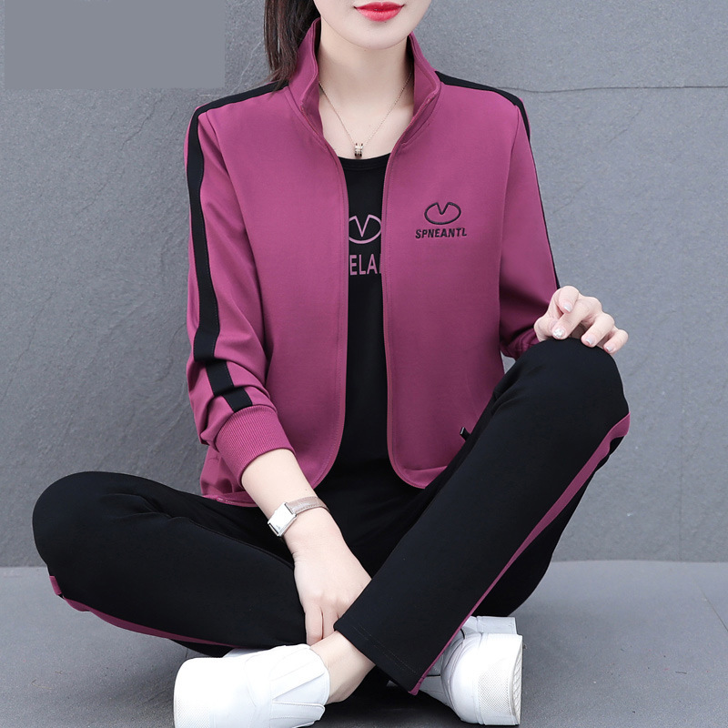 时尚中年妈妈春装外套洋气上衣中老年运动服套装女春秋款三件套|undefined