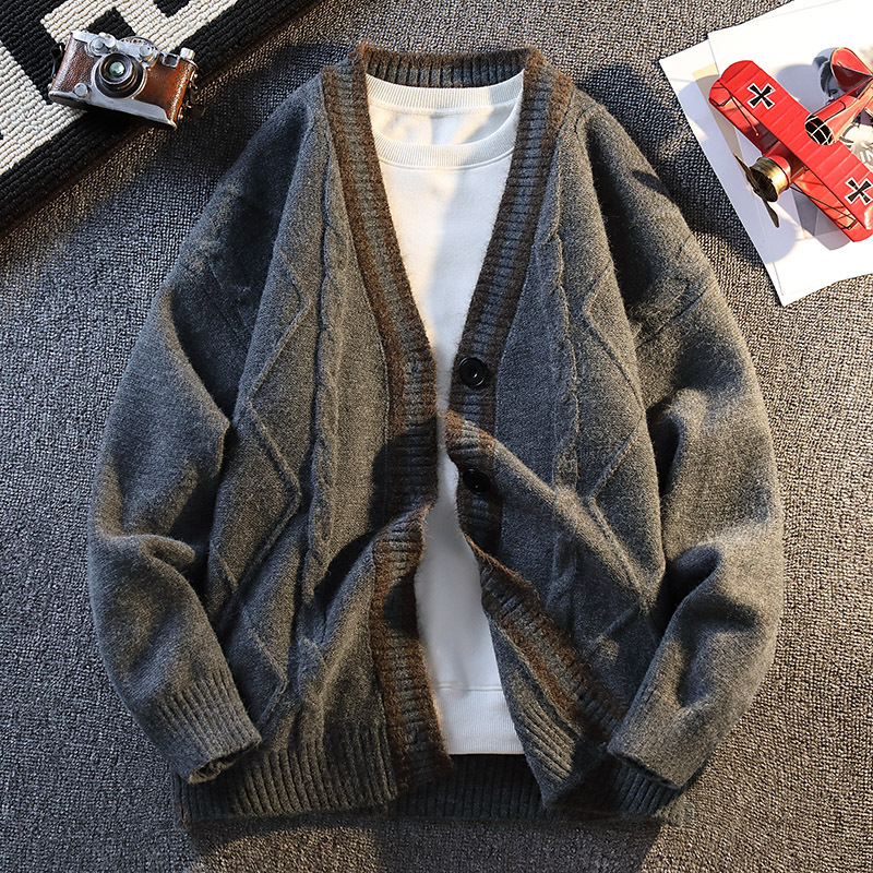 2025 otoño y invierno nuevo pequeño jacquard cornisa de moda cardigan suéter hombre moda casual versátil suelto color contrastante