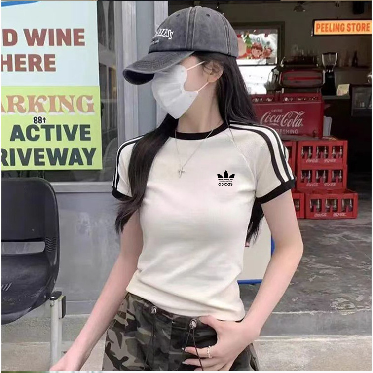 Jenny's Same Style Clover Three-Stripe Round Neck Pure Cotton Short-Sleeved T-Shirt Women's Summer Korean Style Half-Sleeved Casual Pullover
