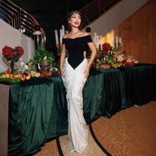 亚马逊黑白拼色性感一字肩包臀连衣裙长裙欧美时尚派对晚宴dress