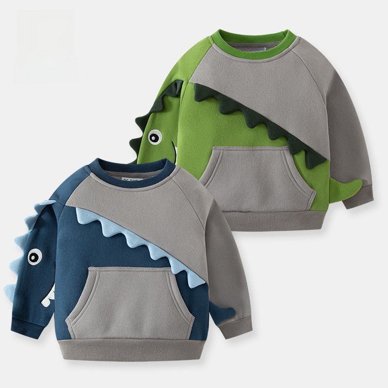 2024 New Be Top Children's Fleece Lined Hooded Sweatshirt with Round Neck 3D Dinosaur Color Block Top for Dropshipping