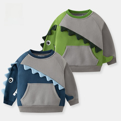 2024 New Be Top Children's Fleece Lined Hooded Sweatshirt with Round Neck 3D Dinosaur Color Block Top for Dropshipping