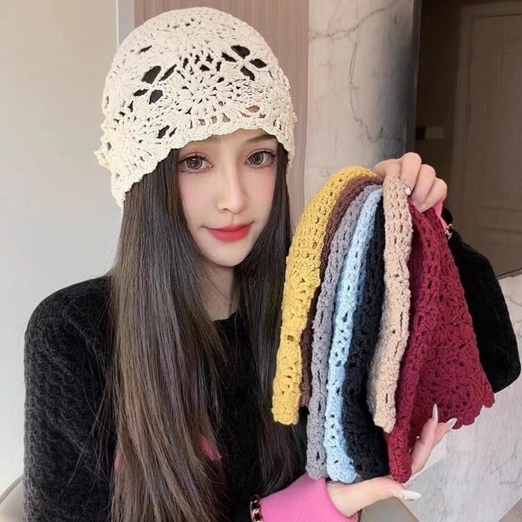 春夏薄款手工编针织帽女镂空钩花毛线帽甜美文艺显脸小包头堆堆帽|undefined