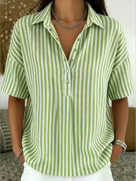 2026 European and American Cross-Border Amazon Independent Site Summer New Women's Fashion Casual Striped Short-Sleeve Shirt with Turn-Down Collar