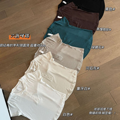 052801 春夏新作レディースデイリーカジュアル通勤万能着痩せヘンリーカラーリブ半袖Tシャツ