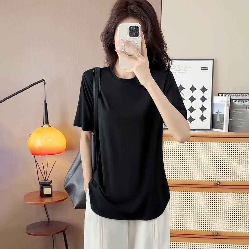 Mid-Length Short-Sleeved T-Shirt with Side Slits for Women, Summer Thin Style, Round Neck, Loose Curved Hem, Casual Top