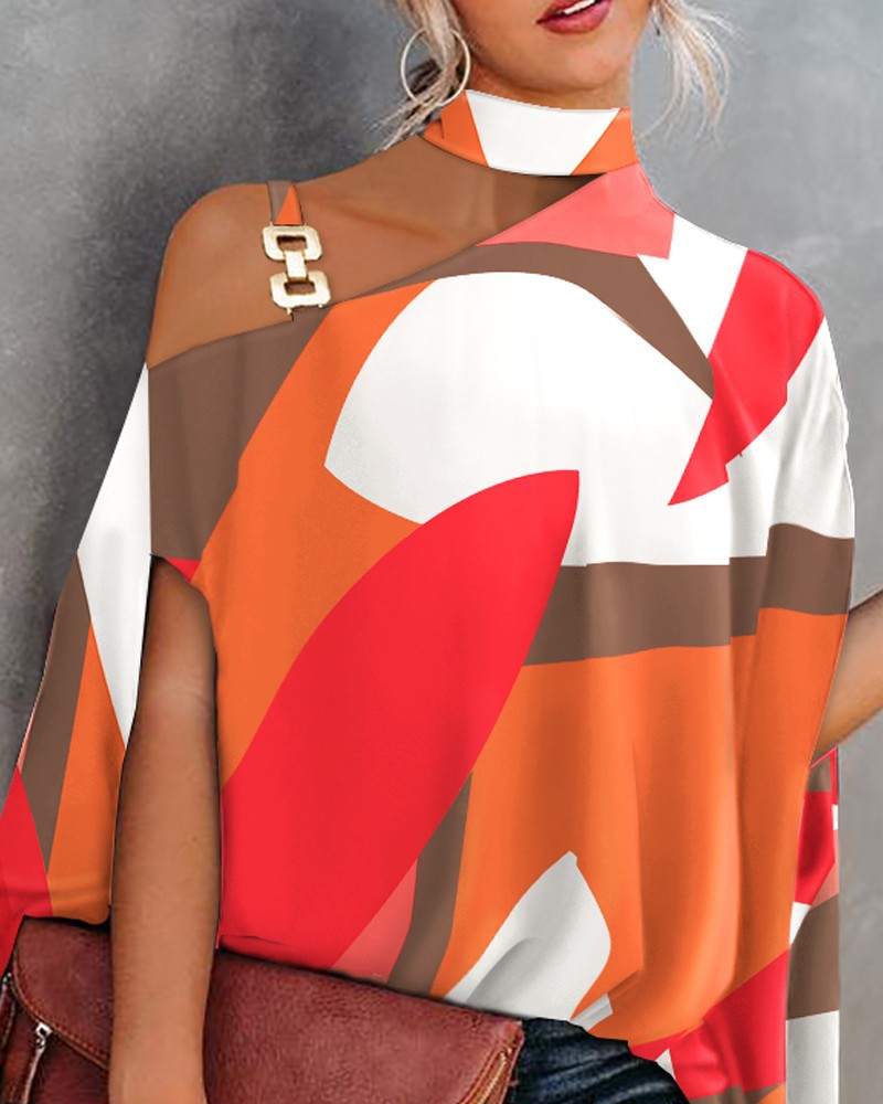 Turtleneck Neckline Breathable Function Wholesale Women'S Fashion Printing Short Sleeve Patchwork Blouses