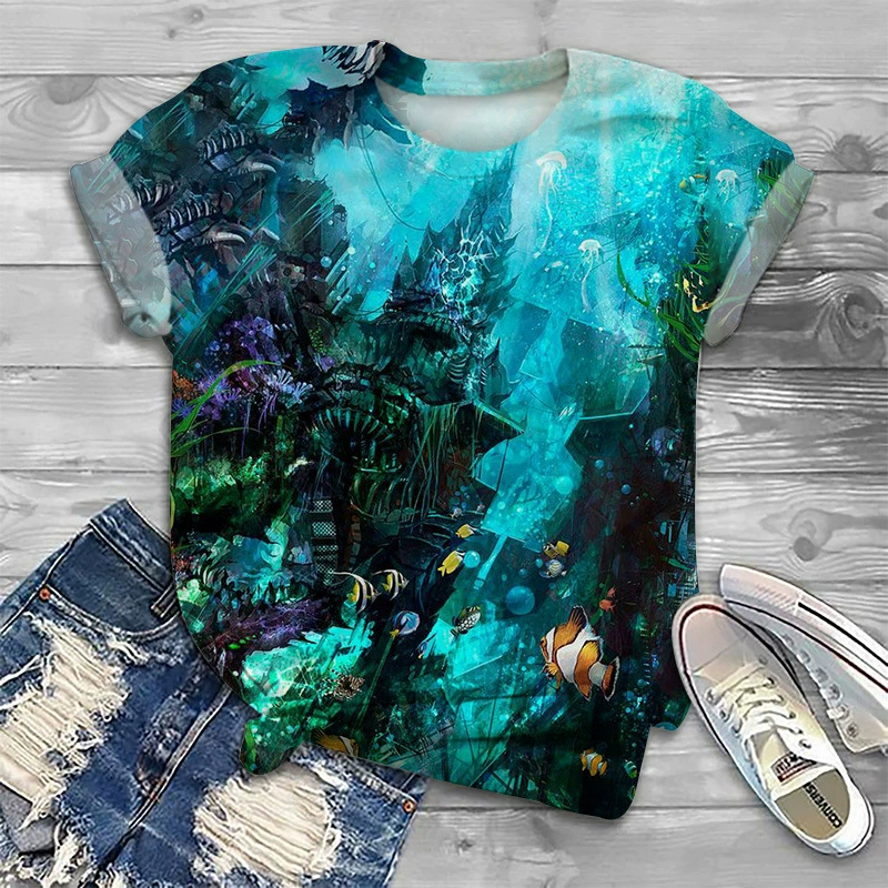 Женская летняя футболка с круглым вырезом AliExpress Amazon, с 3D цифровым принтом, Коралловая подводная лодка, свободная с мультяшным рисунком