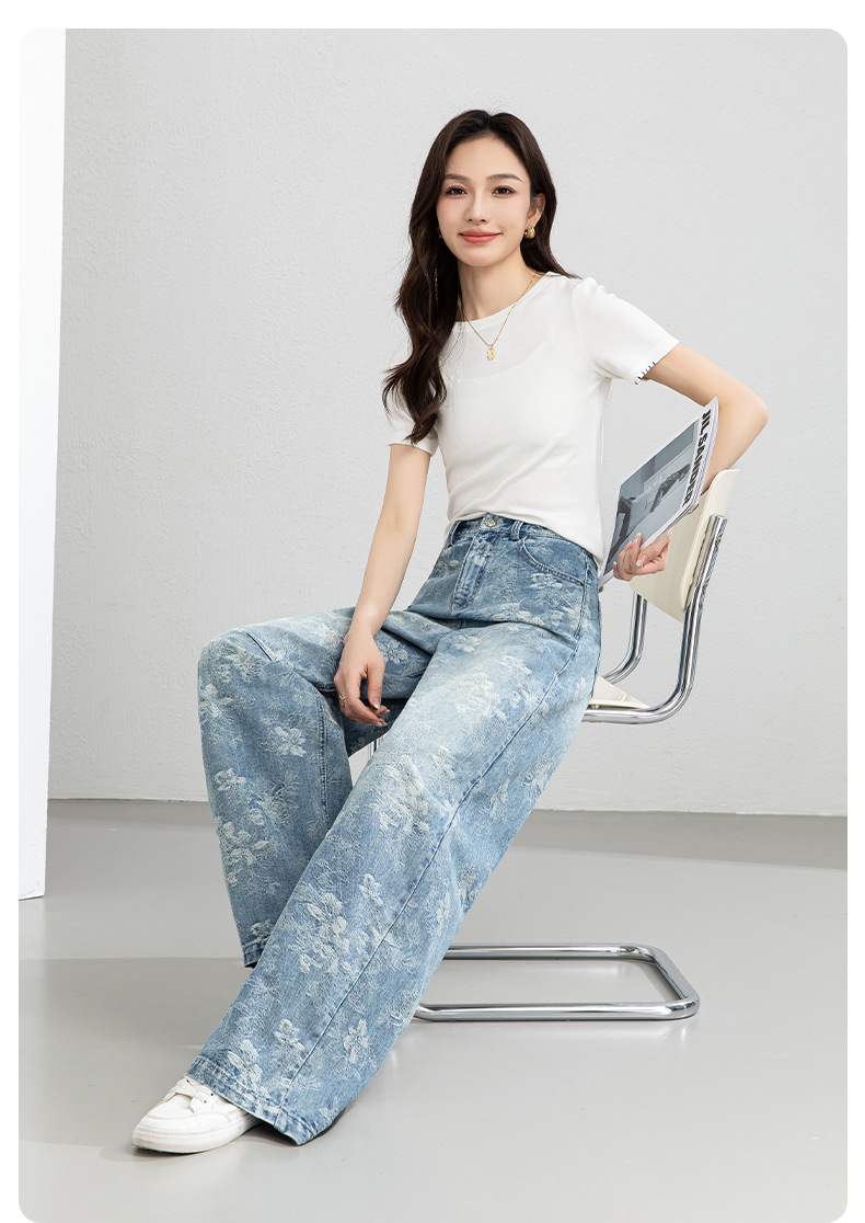 Quần jean nữ ống rộng cạp cao họa tiết jacquard kiểu Trung Hoa mới — xanh lam chi tiết 22
