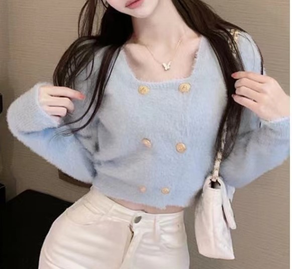 2024 Koreanisches Temperament, kleiner duftender Stil, kurzer Strickjackenkragen, zweireihiger Strickpullover, Designgefühl, Oberteil_voghion.com