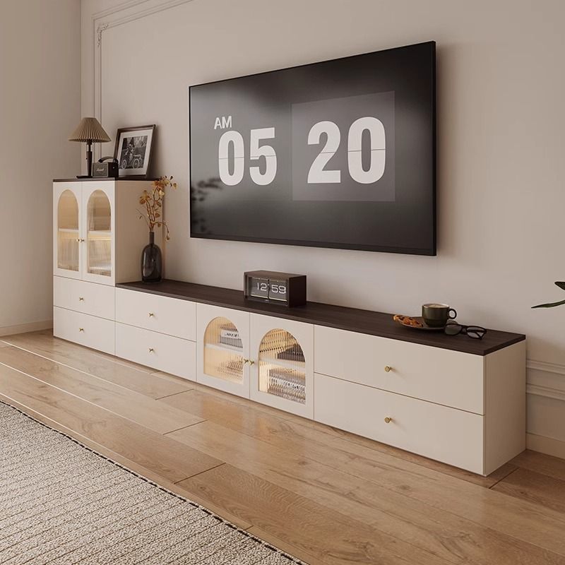 Tv Cabinet Heightened Solid Wood Floor Cabinet Living Room Large Capacity Storage Cream Style Side Cabinet Coffee Table Combination Tv Cabinet