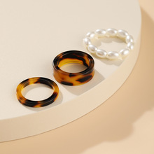 速卖通跨境新款创意简约时尚气质女式豹纹树脂仿珍珠戒指3件套