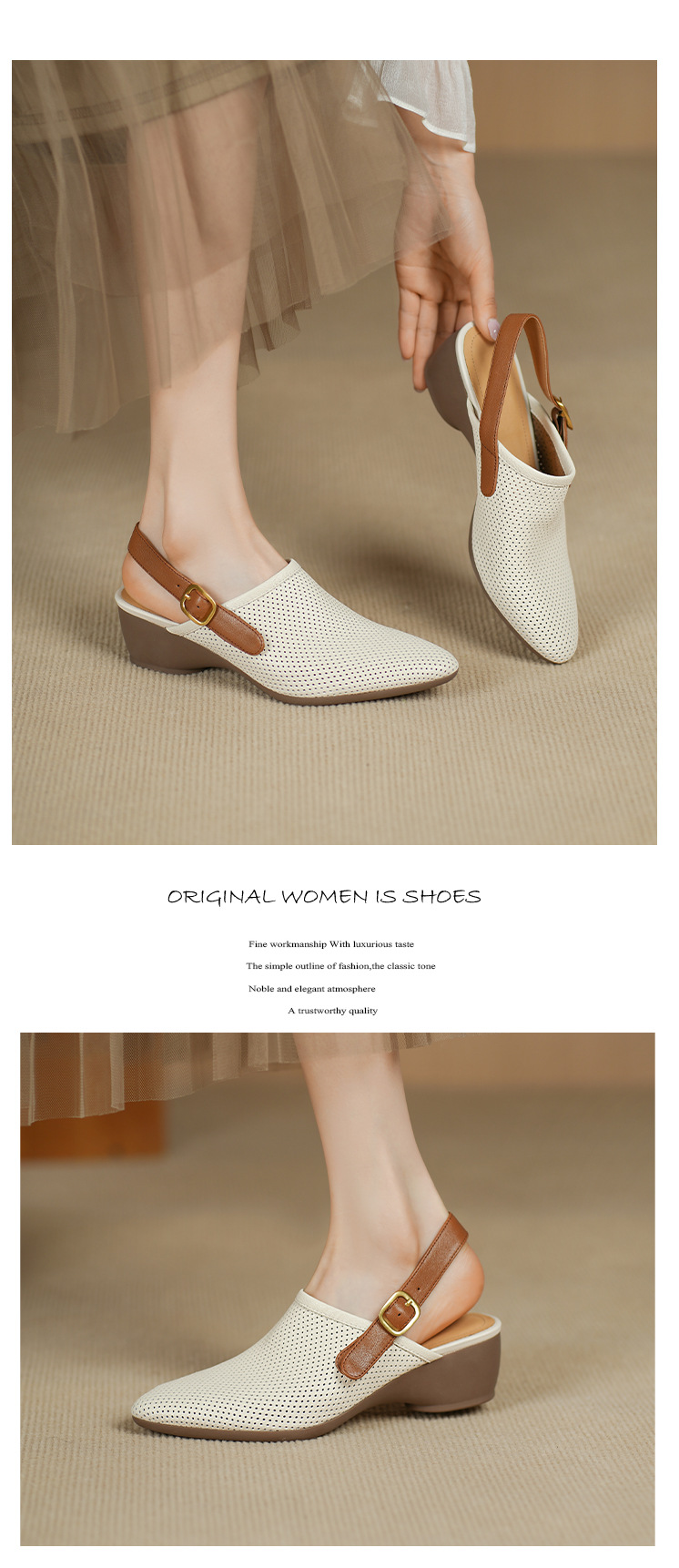 Dép sandal nữ quai chữ V đế xuồng mũi nhọn, gót trung bình, thiết kế lỗ thoáng khí — Màu trắng nhạt chi tiết 5
