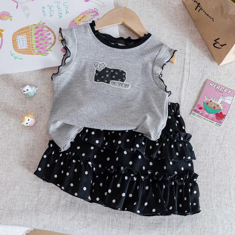 Girls' Summer Vest suit 2025 New Arrival Korean Style Baby Girl Wear Ear-rimmed Top with Polo Dot Skirt